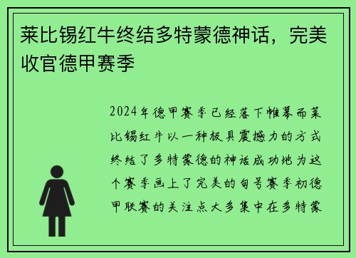 莱比锡红牛终结多特蒙德神话，完美收官德甲赛季