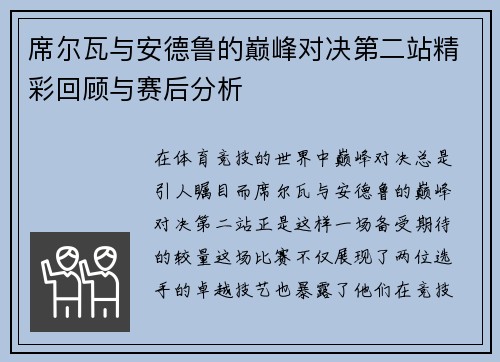 席尔瓦与安德鲁的巅峰对决第二站精彩回顾与赛后分析